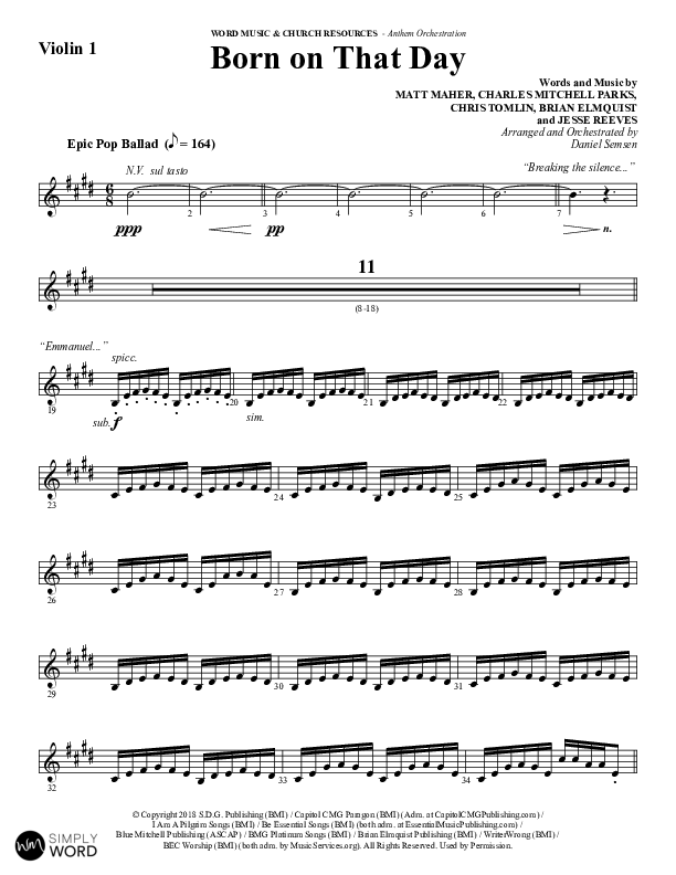 Born On That Day (Choral Anthem SATB) Violin 1 (Word Music Choral / Arr. Daniel Semsen)