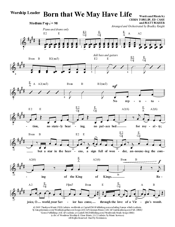 Born That We May Have Life (Choral Anthem SATB) Lead Sheet (Melody) (Word Music Choral / Arr. Bradley Knight)