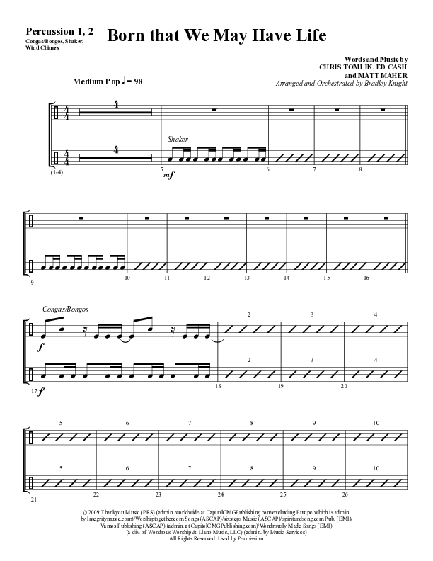 Born That We May Have Life (Choral Anthem SATB) Percussion 1/2 (Word Music Choral / Arr. Bradley Knight)