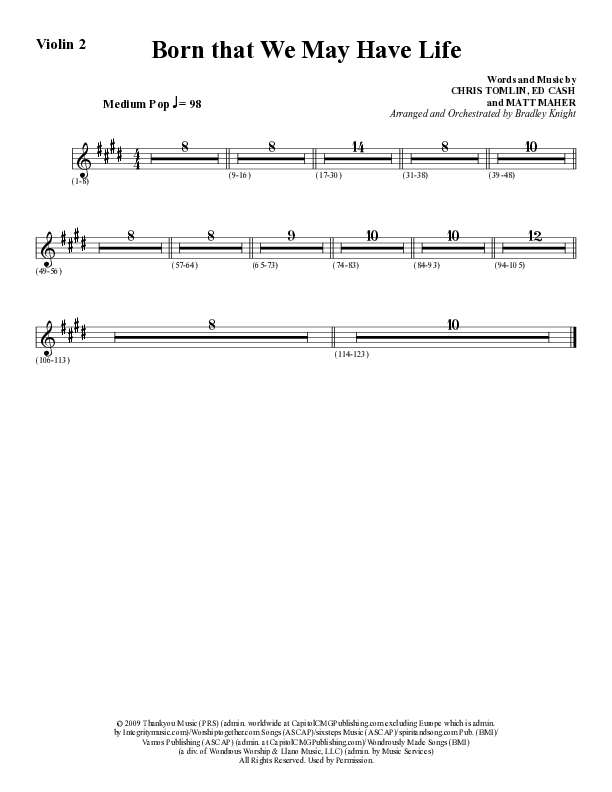 Born That We May Have Life (Choral Anthem SATB) Violin 2 (Word Music Choral / Arr. Bradley Knight)