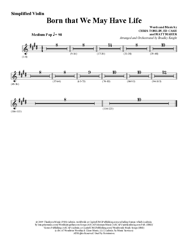 Born That We May Have Life (Choral Anthem SATB) Violins (Word Music Choral / Arr. Bradley Knight)