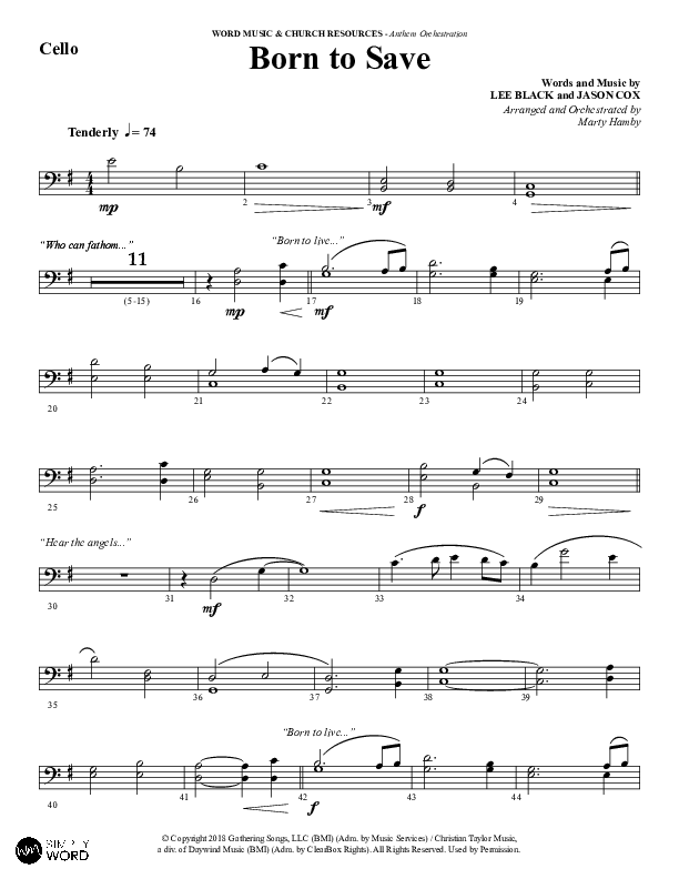 Born To Save (Choral Anthem SATB) Cello (Word Music Choral / Arr. Marty Hamby)