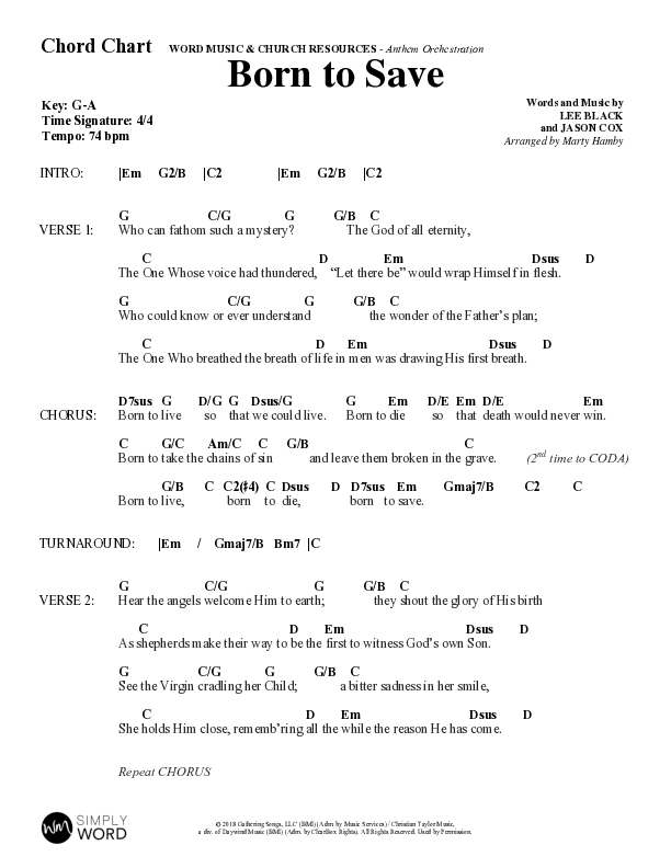 Born To Save (Choral Anthem SATB) Chord Chart (Word Music Choral / Arr. Marty Hamby)