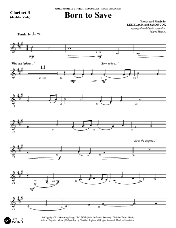 Born To Save (Choral Anthem SATB) Clarinet 3 (Word Music Choral / Arr. Marty Hamby)