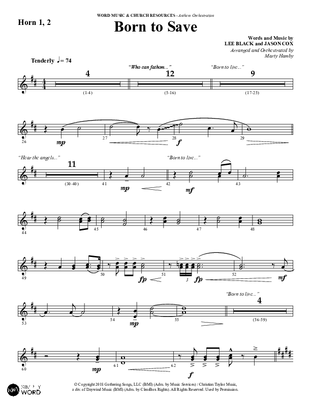 Born To Save (Choral Anthem SATB) French Horn 1/2 (Word Music Choral / Arr. Marty Hamby)