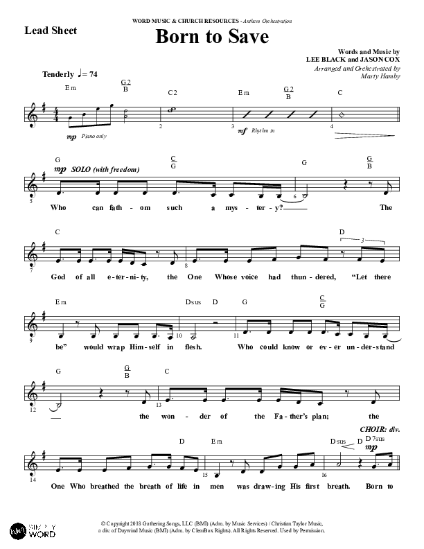 Born To Save (Choral Anthem SATB) Lead Sheet (Melody) (Word Music Choral / Arr. Marty Hamby)