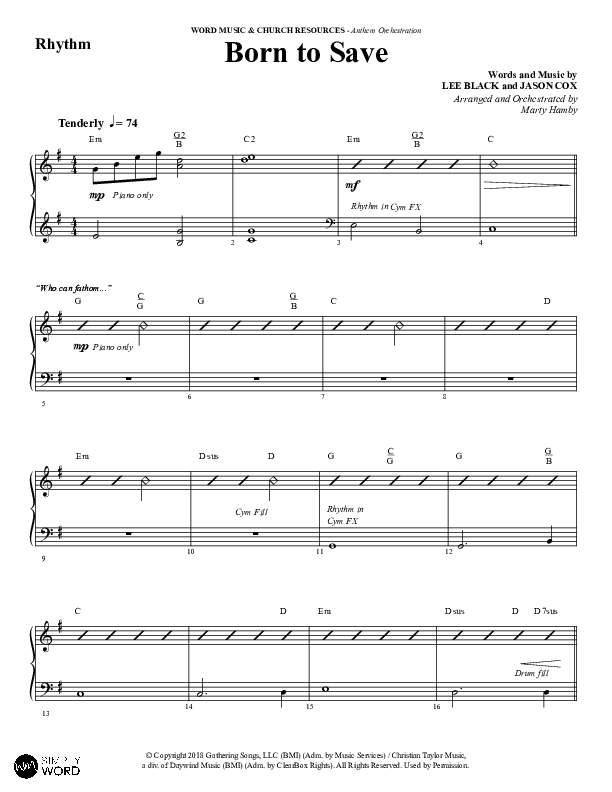 Born To Save (Choral Anthem SATB) Rhythm Chart (Word Music Choral / Arr. Marty Hamby)