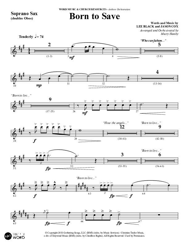 Born To Save (Choral Anthem SATB) Soprano Sax (Word Music Choral / Arr. Marty Hamby)