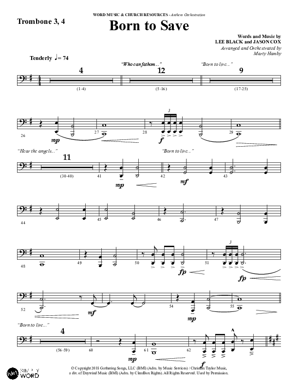 Born To Save (Choral Anthem SATB) Trombone 3/4 (Word Music Choral / Arr. Marty Hamby)