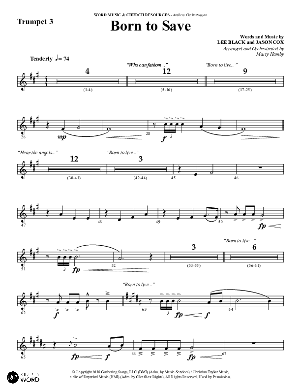 Born To Save (Choral Anthem SATB) Trumpet 3 (Word Music Choral / Arr. Marty Hamby)