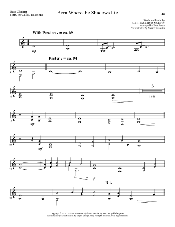 Born Where the Shadows Lie (Choral Anthem SATB) Bass Clarinet (Lillenas Choral / Arr. Tom Fettke / Orch. Russell Mauldin)