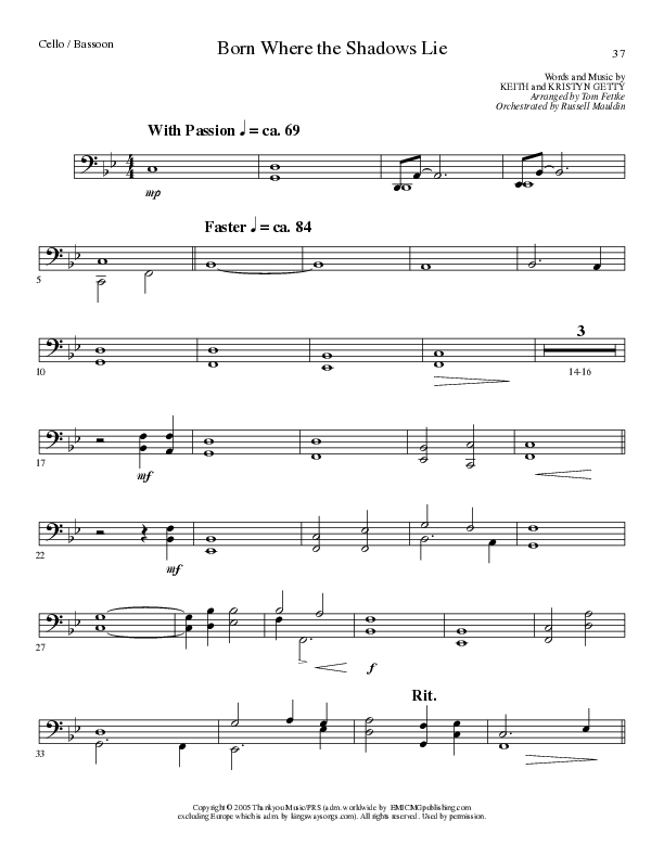 Born Where the Shadows Lie (Choral Anthem SATB) Cello/Bass (Lillenas Choral / Arr. Tom Fettke / Orch. Russell Mauldin)