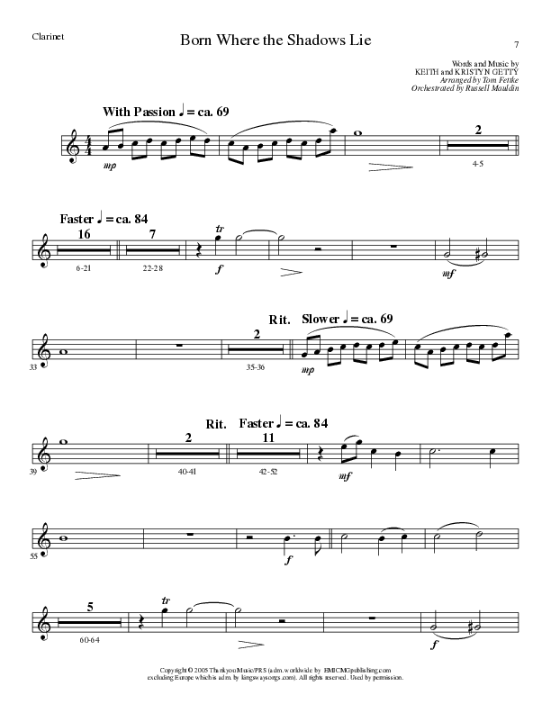 Born Where the Shadows Lie (Choral Anthem SATB) Clarinet (Lillenas Choral / Arr. Tom Fettke / Orch. Russell Mauldin)
