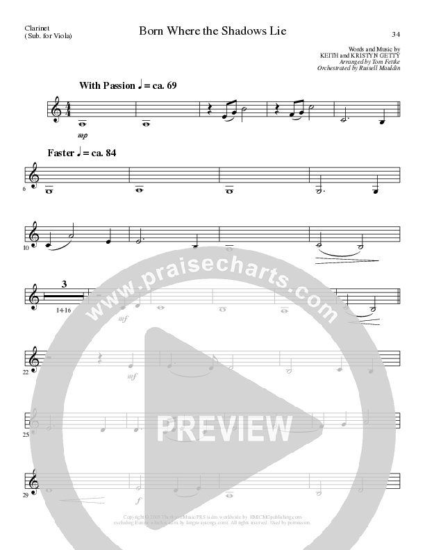 Born Where the Shadows Lie (Choral Anthem SATB) Clarinet (Lillenas Choral / Arr. Tom Fettke / Orch. Russell Mauldin)