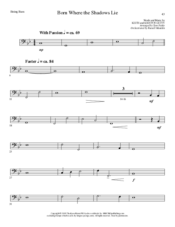 Born Where the Shadows Lie (Choral Anthem SATB) Double Bass (Lillenas Choral / Arr. Tom Fettke / Orch. Russell Mauldin)