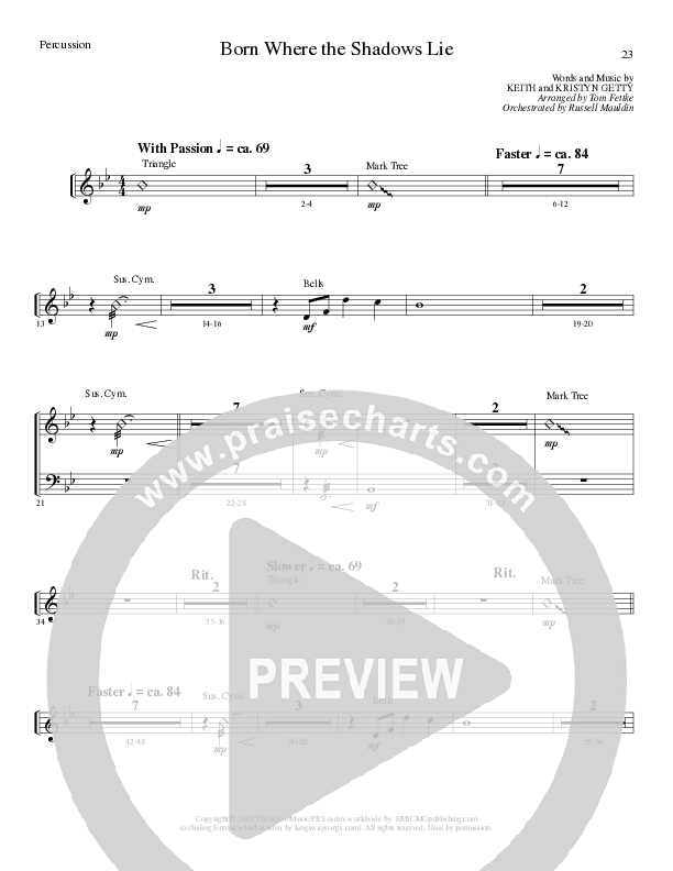 Born Where the Shadows Lie (Choral Anthem SATB) Percussion (Lillenas Choral / Arr. Tom Fettke / Orch. Russell Mauldin)
