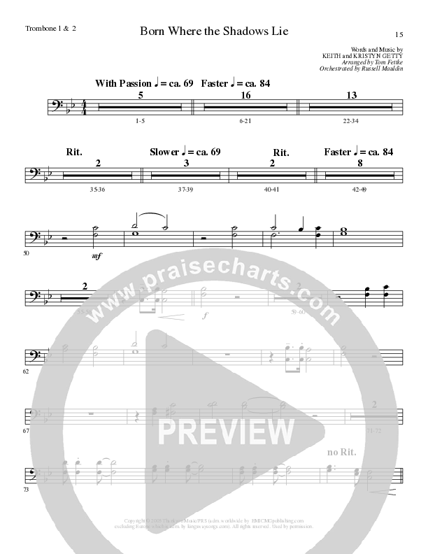 Born Where the Shadows Lie (Choral Anthem SATB) Trombone 1/2 (Lillenas Choral / Arr. Tom Fettke / Orch. Russell Mauldin)