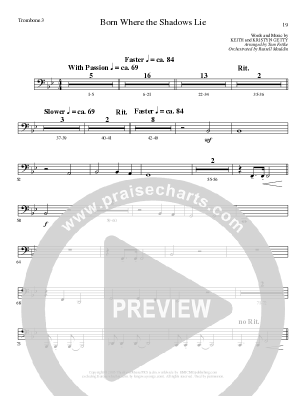 Born Where the Shadows Lie (Choral Anthem SATB) Trombone 3 (Lillenas Choral / Arr. Tom Fettke / Orch. Russell Mauldin)