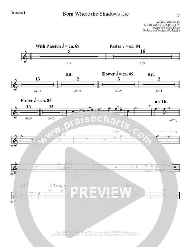 Born Where the Shadows Lie (Choral Anthem SATB) Trumpet 1 (Lillenas Choral / Arr. Tom Fettke / Orch. Russell Mauldin)