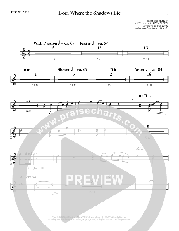 Born Where the Shadows Lie (Choral Anthem SATB) Trumpet 2/3 (Lillenas Choral / Arr. Tom Fettke / Orch. Russell Mauldin)