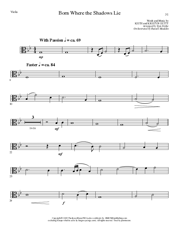 Born Where the Shadows Lie (Choral Anthem SATB) Viola (Lillenas Choral / Arr. Tom Fettke / Orch. Russell Mauldin)
