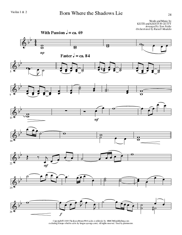 Born Where the Shadows Lie (Choral Anthem SATB) Violin 1/2 (Lillenas Choral / Arr. Tom Fettke / Orch. Russell Mauldin)