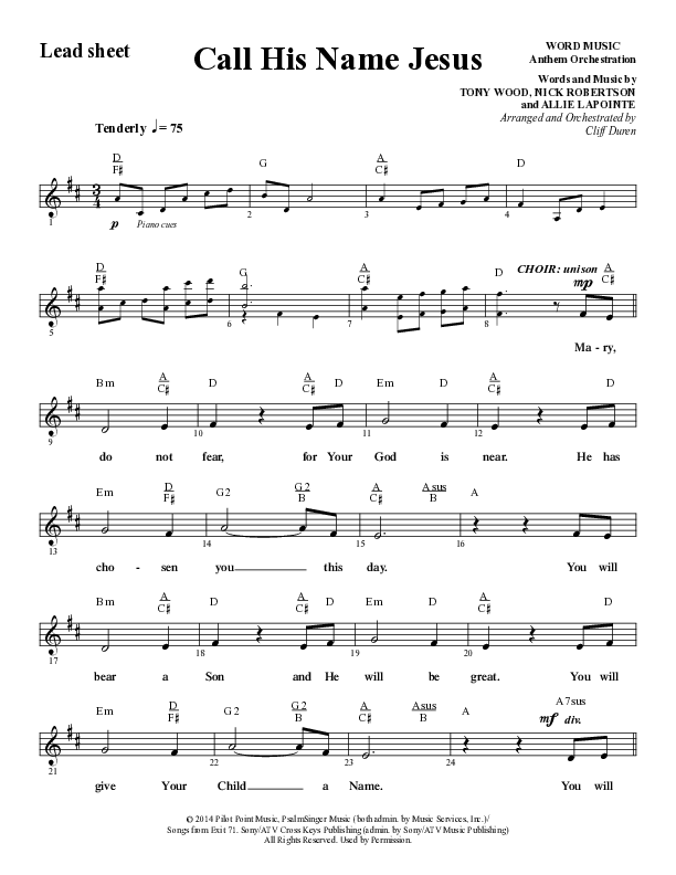 Call His Name Jesus (Choral Anthem SATB) Lead Sheet (Melody) (Word Music Choral / Arr. Cliff Duren)