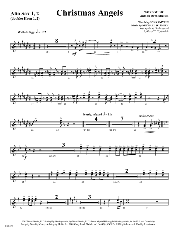 Christmas Angels (Choral Anthem SATB) Alto Sax 1/2 (Word Music Choral / Arr. David Clydesdale)