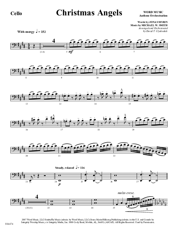 Christmas Angels (Choral Anthem SATB) Cello (Word Music Choral / Arr. David Clydesdale)