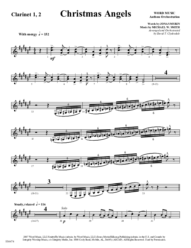 Christmas Angels (Choral Anthem SATB) Clarinet 1/2 (Word Music Choral / Arr. David Clydesdale)