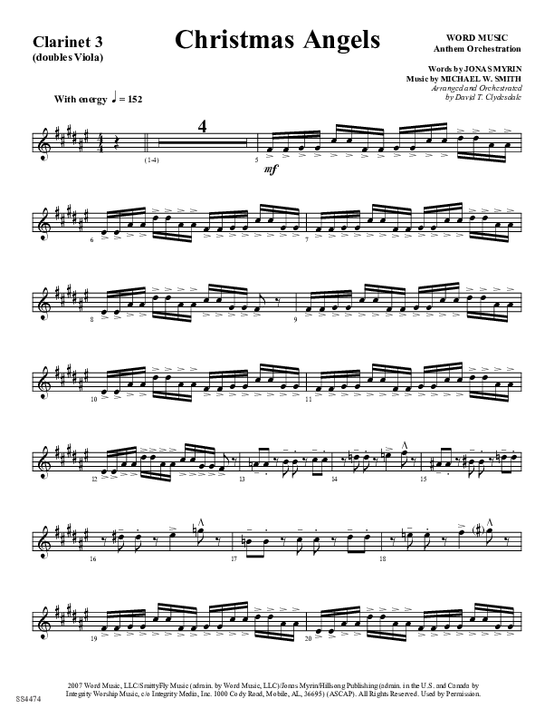 Christmas Angels (Choral Anthem SATB) Clarinet 3 (Word Music Choral / Arr. David Clydesdale)