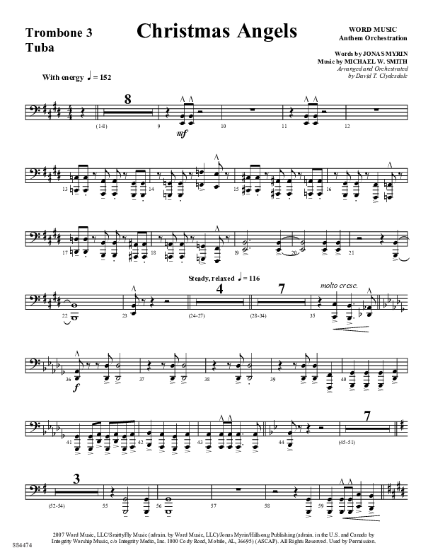 Christmas Angels (Choral Anthem SATB) Trombone 3/Tuba (Word Music Choral / Arr. David Clydesdale)