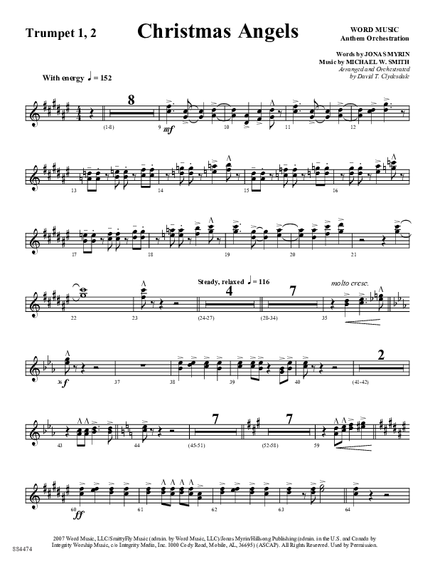Christmas Angels (Choral Anthem SATB) Trumpet 1,2 (Word Music Choral / Arr. David Clydesdale)