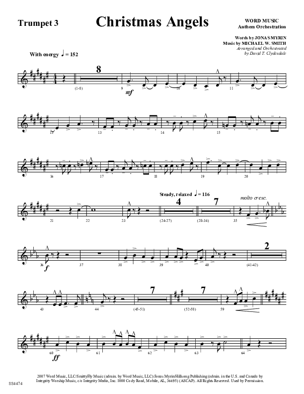 Christmas Angels (Choral Anthem SATB) Trumpet 3 (Word Music Choral / Arr. David Clydesdale)