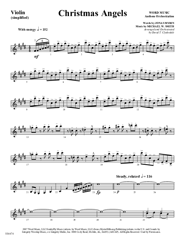 Christmas Angels (Choral Anthem SATB) Violins (Word Music Choral / Arr. David Clydesdale)