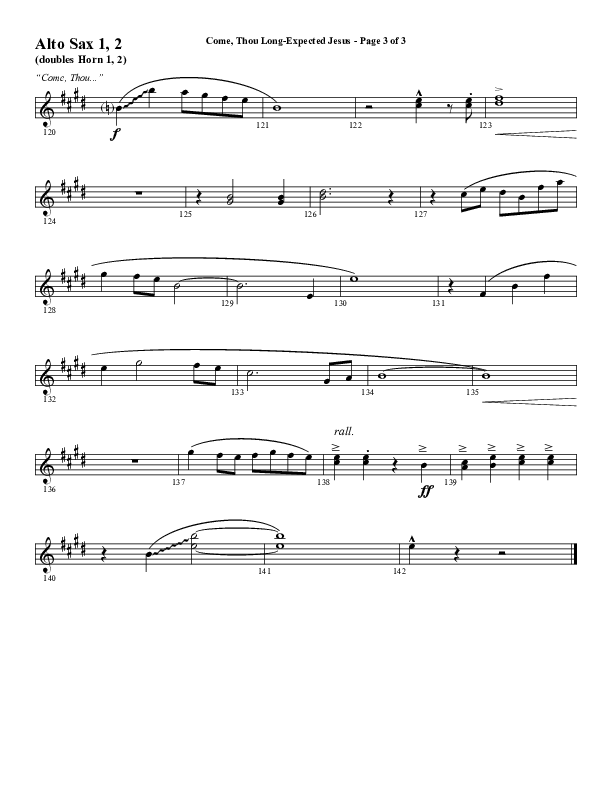 Come Thou Long Expected Jesus (Choral Anthem SATB) Alto Sax 1/2 (Word Music Choral / Arr. Daniel Semsen)