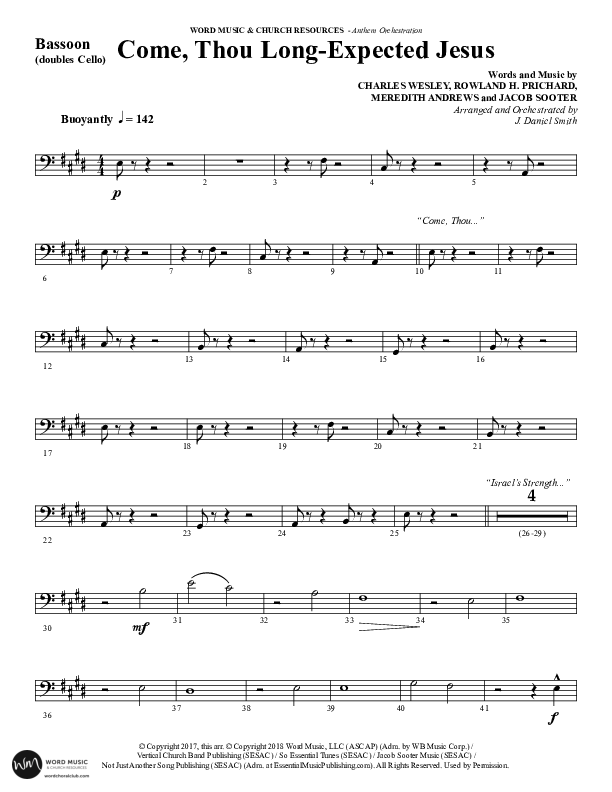 Come Thou Long Expected Jesus (Choral Anthem SATB) Bassoon (Word Music Choral / Arr. Daniel Semsen)