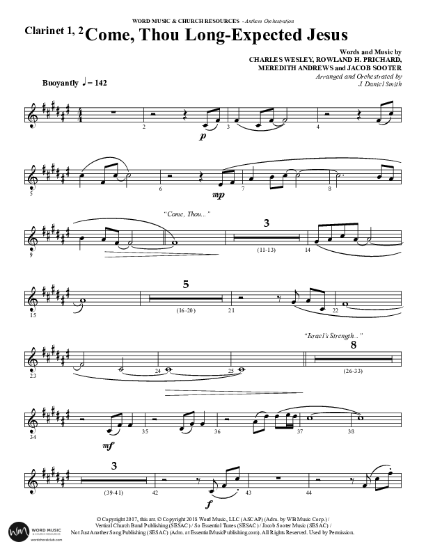 Come Thou Long Expected Jesus (Choral Anthem SATB) Clarinet 1/2 (Word Music Choral / Arr. Daniel Semsen)