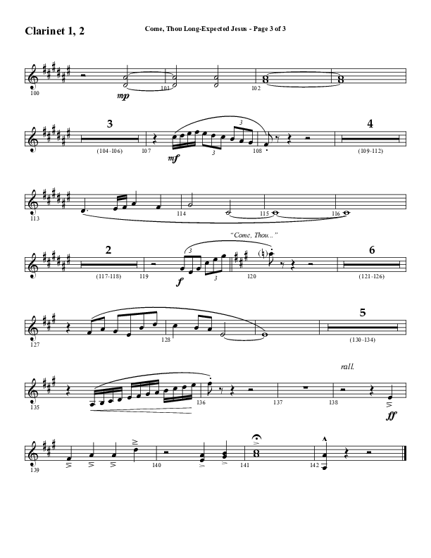 Come Thou Long Expected Jesus (Choral Anthem SATB) Clarinet 1/2 (Word Music Choral / Arr. Daniel Semsen)