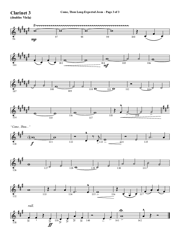 Come Thou Long Expected Jesus (Choral Anthem SATB) Clarinet 3 (Word Music Choral / Arr. Daniel Semsen)