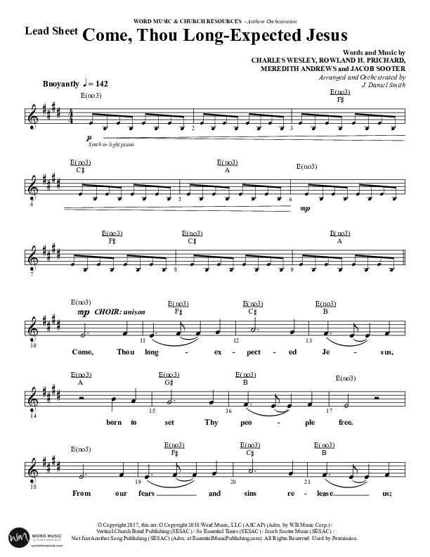 Come Thou Long Expected Jesus (Choral Anthem SATB) Lead Sheet (Melody) (Word Music Choral / Arr. Daniel Semsen)