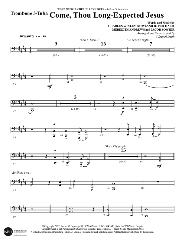 Come Thou Long Expected Jesus (Choral Anthem SATB) Trombone 3/Tuba (Word Music Choral / Arr. Daniel Semsen)
