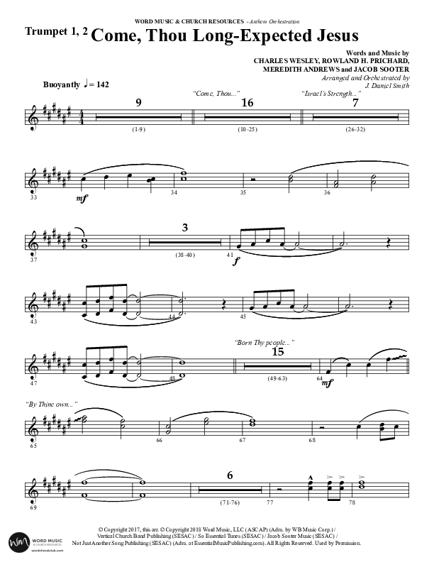 Come Thou Long Expected Jesus (Choral Anthem SATB) Trumpet 1,2 (Word Music Choral / Arr. Daniel Semsen)