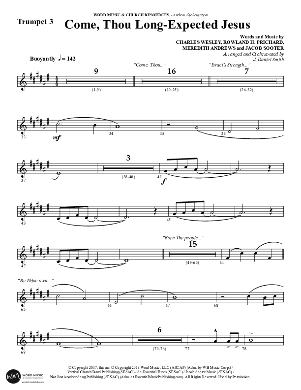 Come Thou Long Expected Jesus (Choral Anthem SATB) Trumpet 3 (Word Music Choral / Arr. Daniel Semsen)