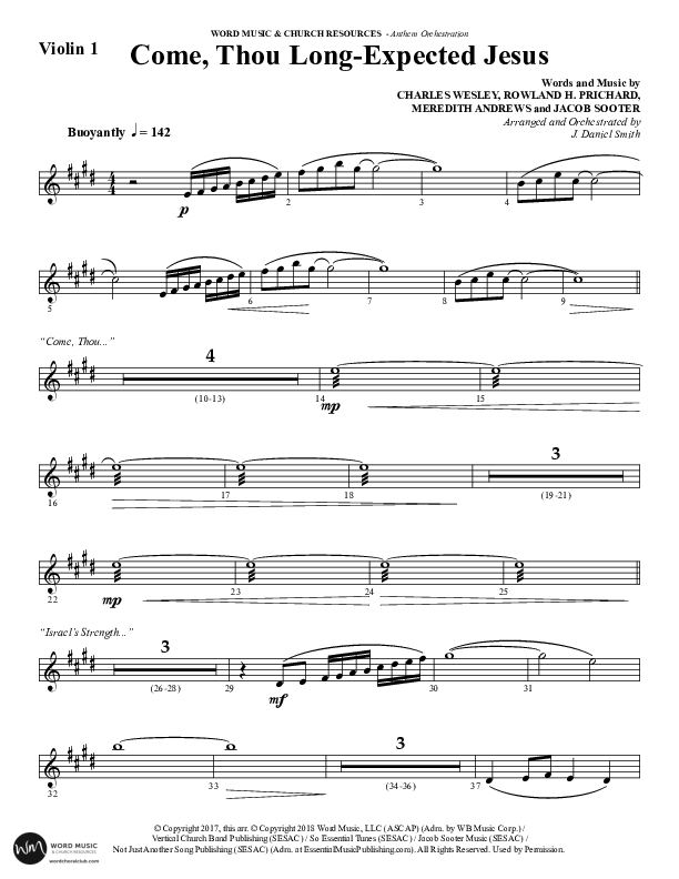 Come Thou Long Expected Jesus (Choral Anthem SATB) Violin 1 (Word Music Choral / Arr. Daniel Semsen)