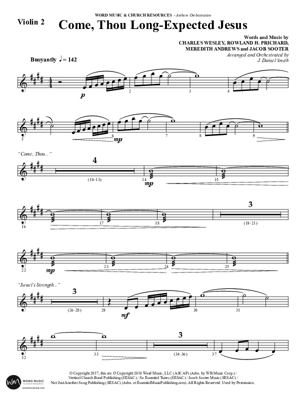 Come Thou Long Expected Jesus (Choral Anthem SATB) Violin 2 (Word Music Choral / Arr. Daniel Semsen)