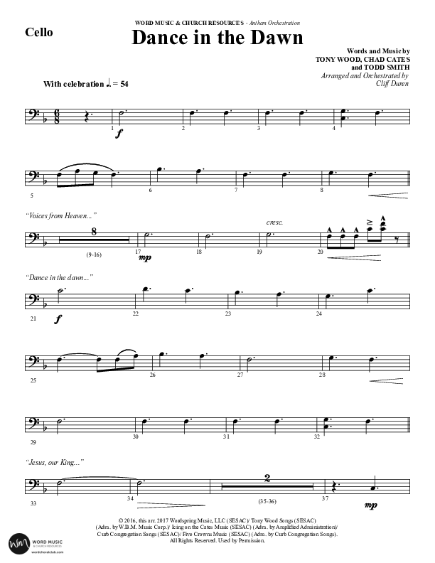 Dance In The Dawn (Choral Anthem SATB) Cello (Word Music Choral / Arr. Cliff Duren)