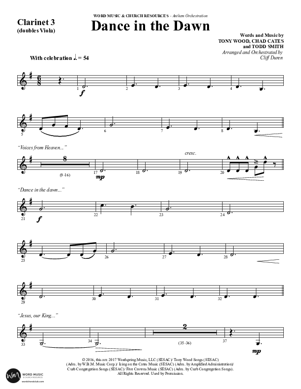 Dance In The Dawn (Choral Anthem SATB) Clarinet 3 (Word Music Choral / Arr. Cliff Duren)