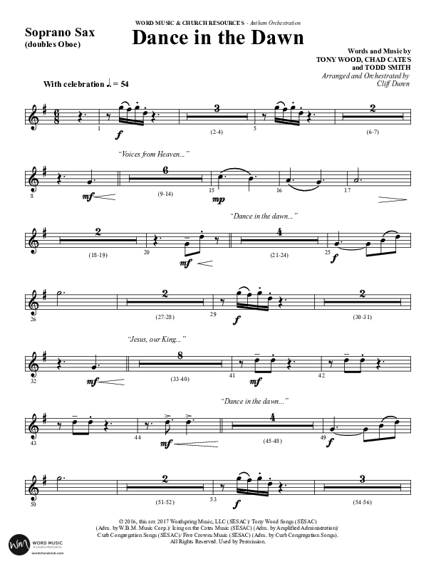Dance In The Dawn (Choral Anthem SATB) Soprano Sax (Word Music Choral / Arr. Cliff Duren)