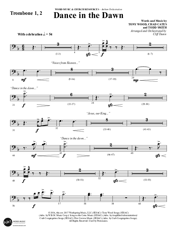 Dance In The Dawn (Choral Anthem SATB) Trombone 1/2 (Word Music Choral / Arr. Cliff Duren)